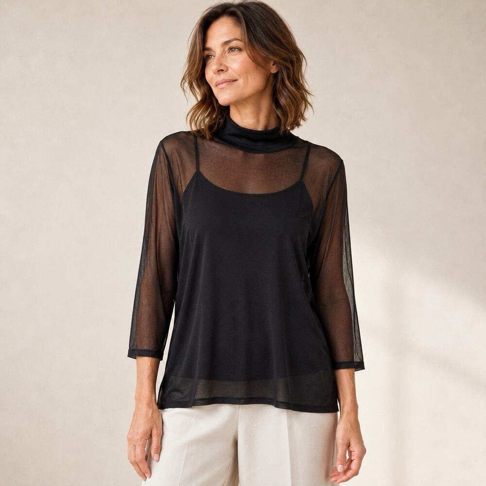WinterSilks Mock Neck Top Women Medium Black 100% Silk 3/4 Sleeve Pullover